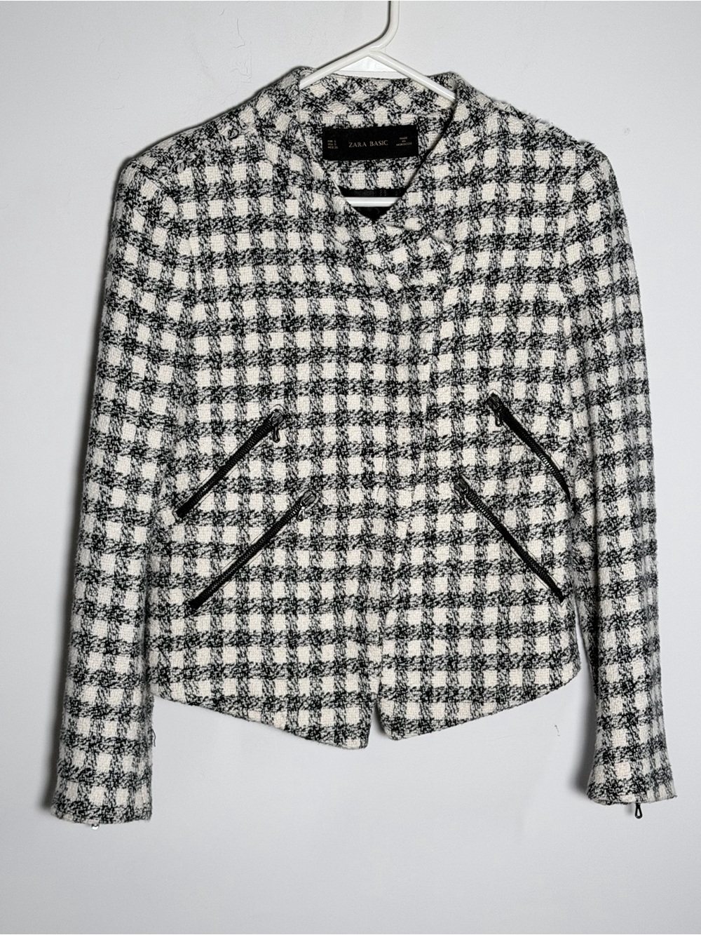 Zara Asymmetrical Black & White Checked Tweed Blazer with Zip Pockets S